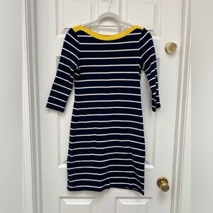 Ralph Lauren Navy & White Stripe Dress w Boat Neck Yellow Trim & 3/4 Sleeves - S